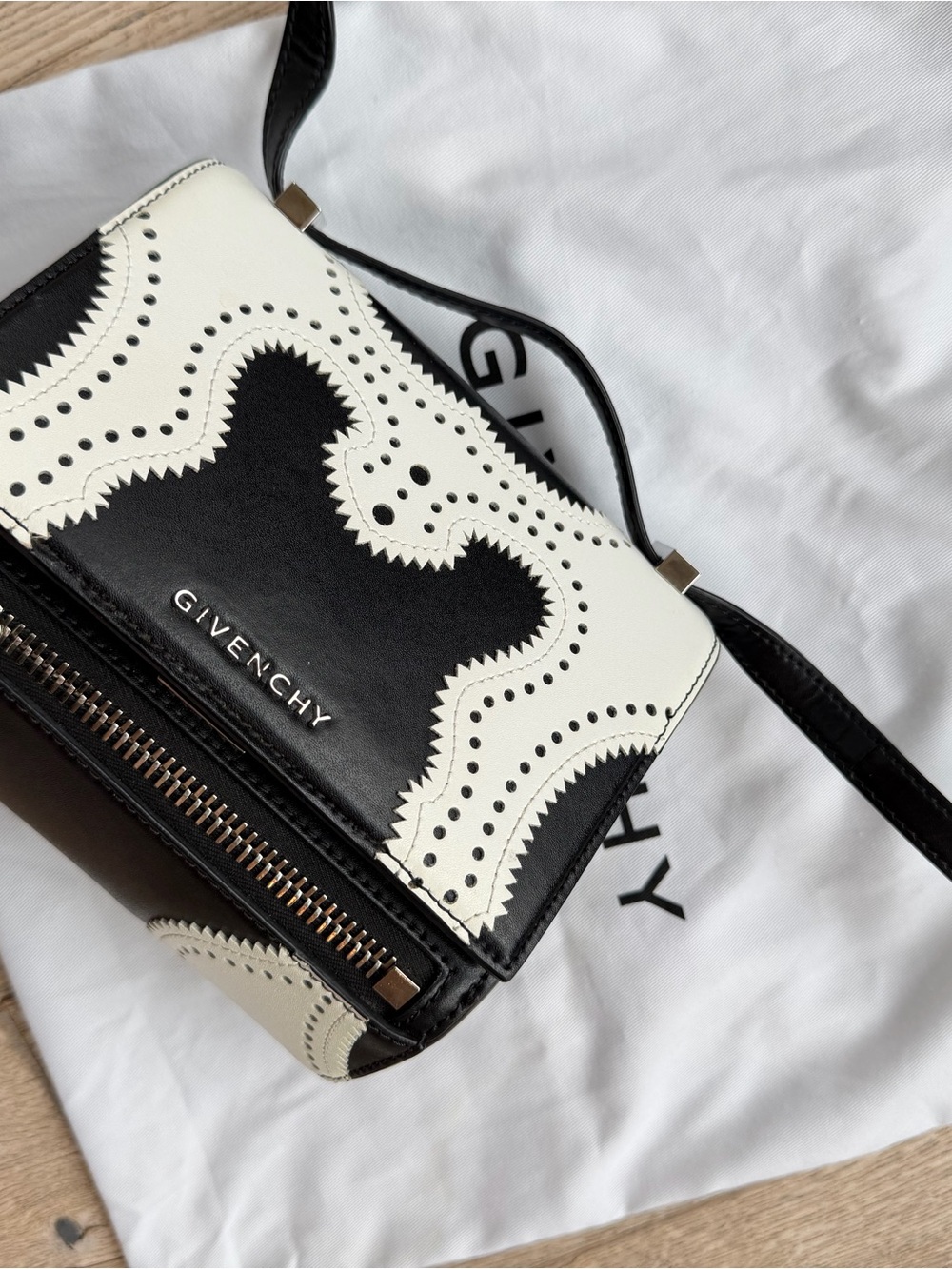 Givenchy Pandora box mini Black and White Calfskin with Brogue Detailing
